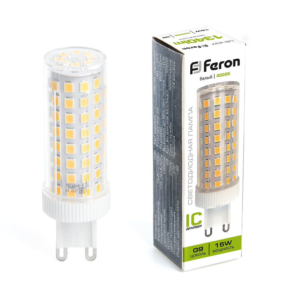 Лампа светодиодная Feron G9 15W 4000K капсульная LB-437 38213