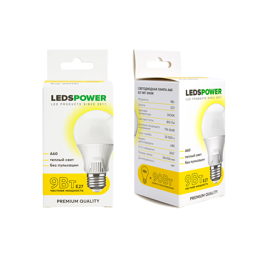 Светодиодная лампа LEDS POWER A60 E27 9Вт 3000К 006581