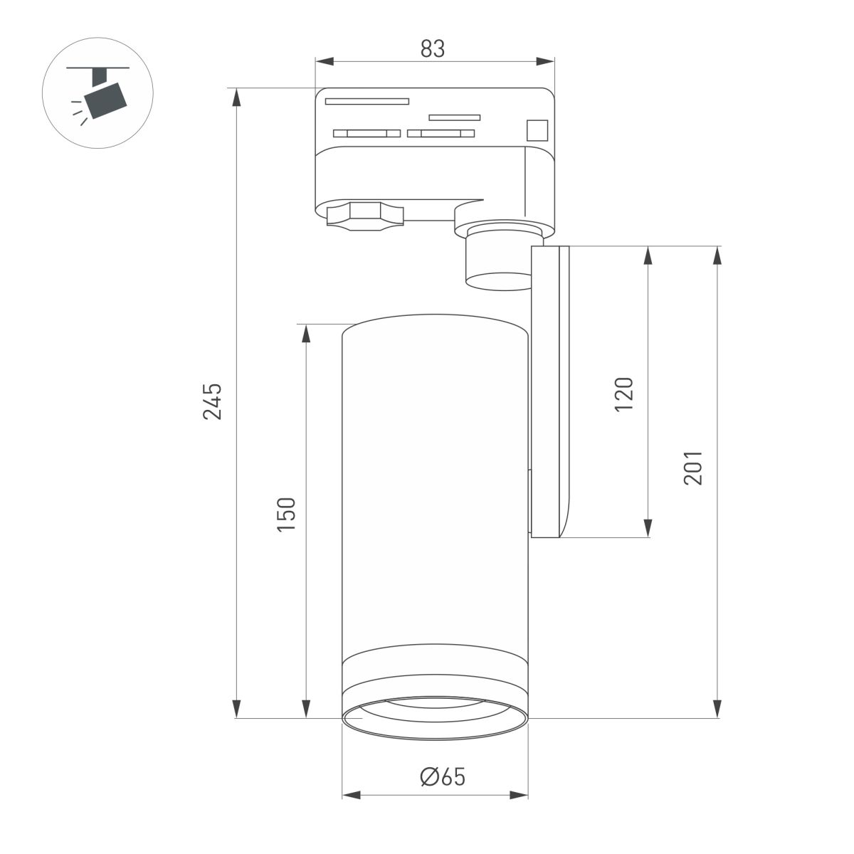 Трековый трехфазный светильник Arlight LGD-URANUS-4TR-R65-10W Warm3500-MIX (BK, 20-50 deg, side holder, 230V) (IP20 Металл) 055806