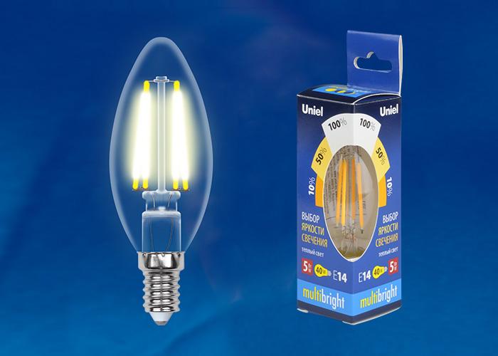 Лампа светодиодная филаментная Uniel E14 5W 3000K прозрачная LED-CW35-5W/WW/E14/CL/MB GLM10TR