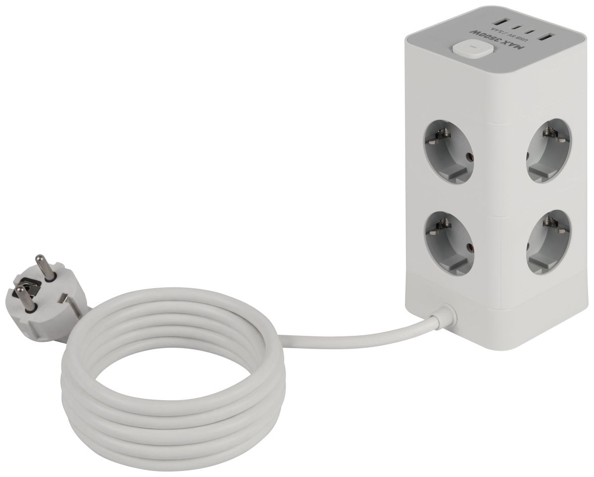Сетевой фильтр ЭРА TWR-8es-1,5m-4USB-W башня с защитой заземлением с выключателем 8 розеток+4xUSBA+C 1,5м 16А белый Б0069071