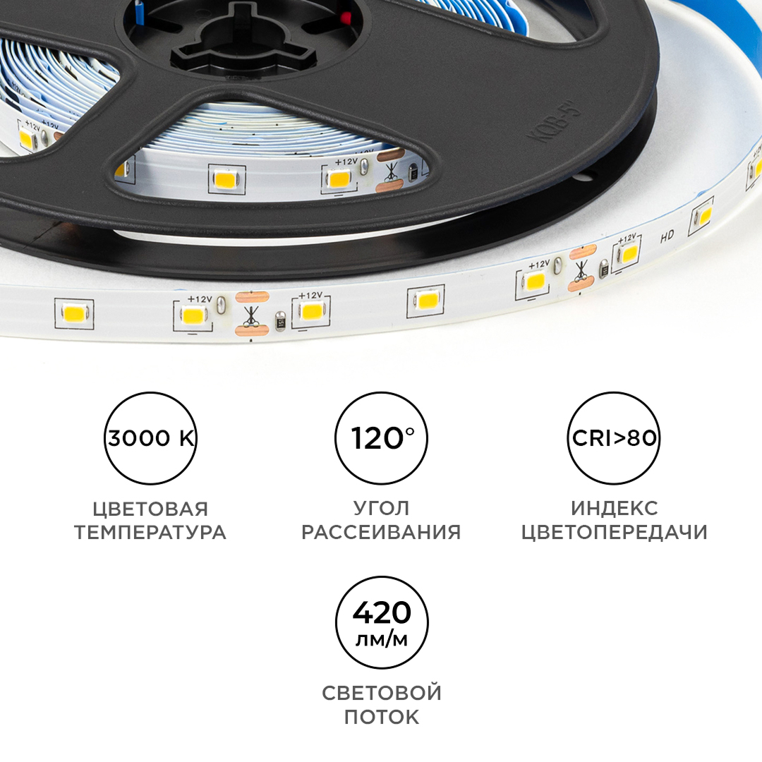 Светодиодная лента OGM 12В 2835 4,8Вт/м 3000К 420Лм/м 5м IP20 LSE-246