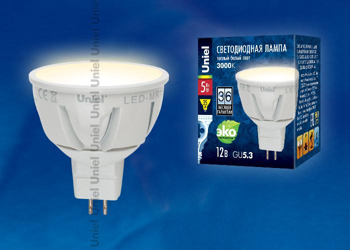 Лампа светодиодная (UL-00000941) Uniel GU5.3 5W 3000K MR16 матовая LED-MR16-5W/WW/GU5.3/FR PLP01WH