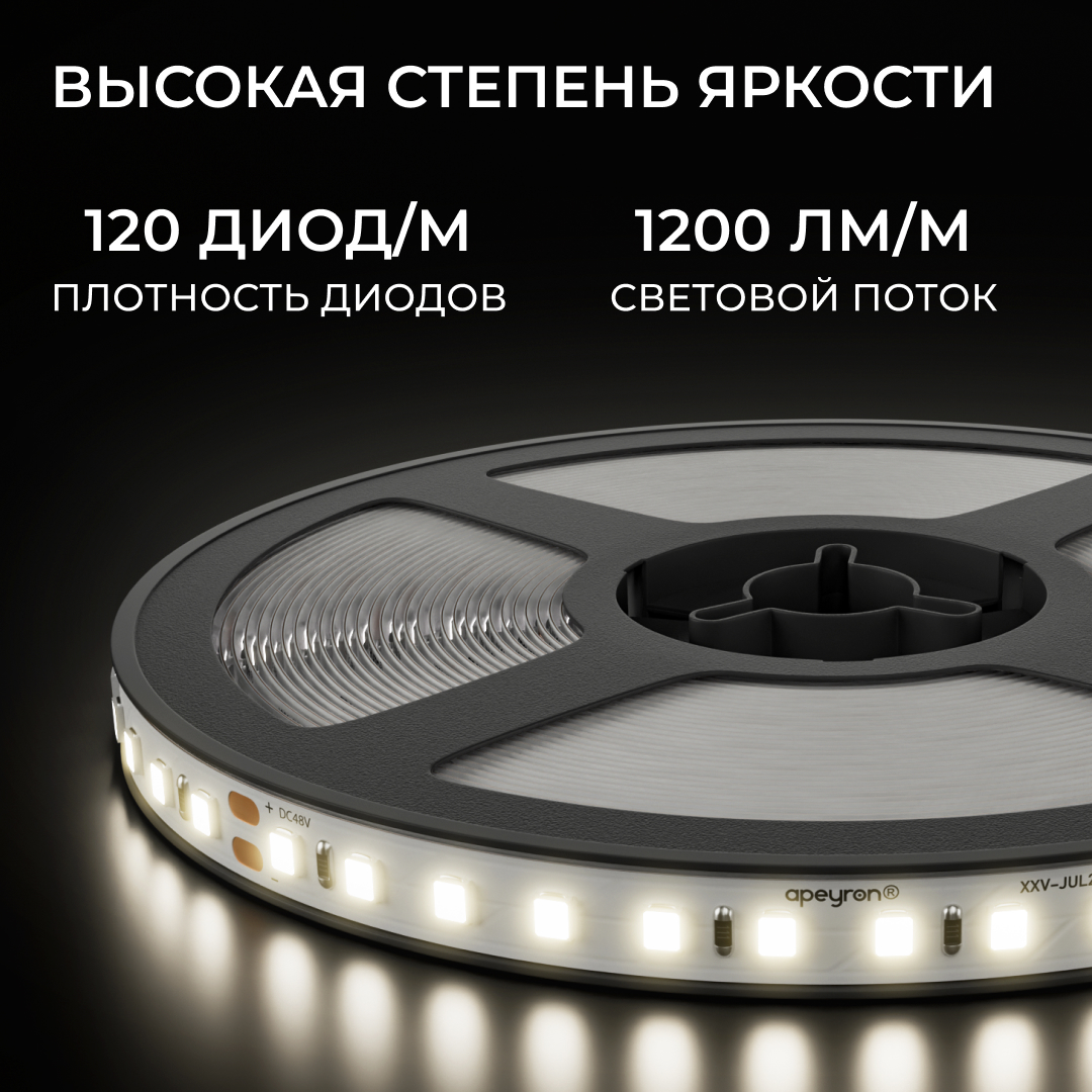 Светодиодная лента Apeyron 48В 14,4Вт/м SMD2835 120 д/м 1200 лм/м 4000K CRI90+ IP20 30м 00-457
