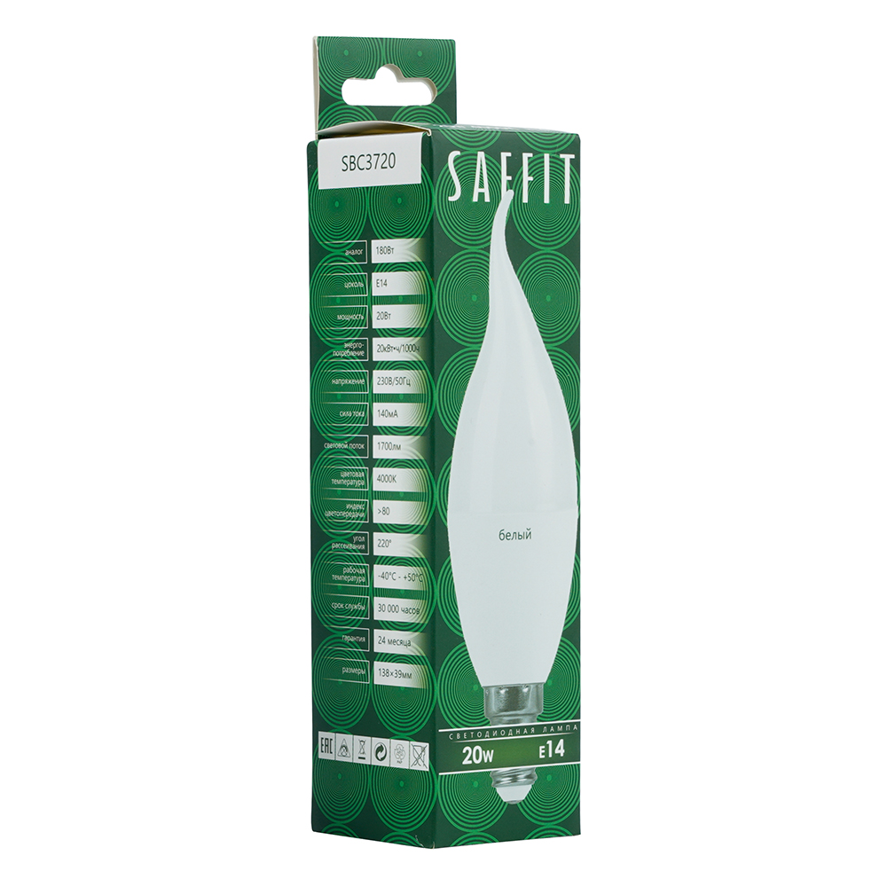 Лампа светодиодная Saffit SBC3720 cвеча на ветру матовая E14 20W 230V 4000K 55275