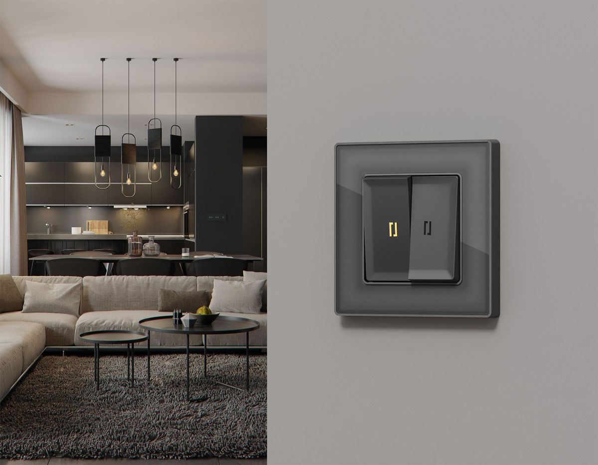Комплект механизма 2-кл выключателя с самовозвратом с подсветкой 3200K ALFA Антрацит серый QUANT Ambrella Volt MA654050 (AP6540, VM129, G11Y)