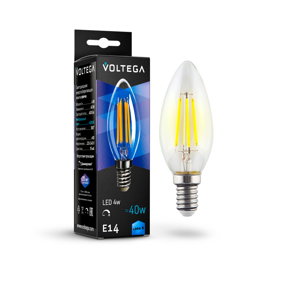 Лампа светодиодная филаментная диммируемая Voltega E14 5W 4000K свеча прозрачная VG10-C1E14cold5W-FD 8461