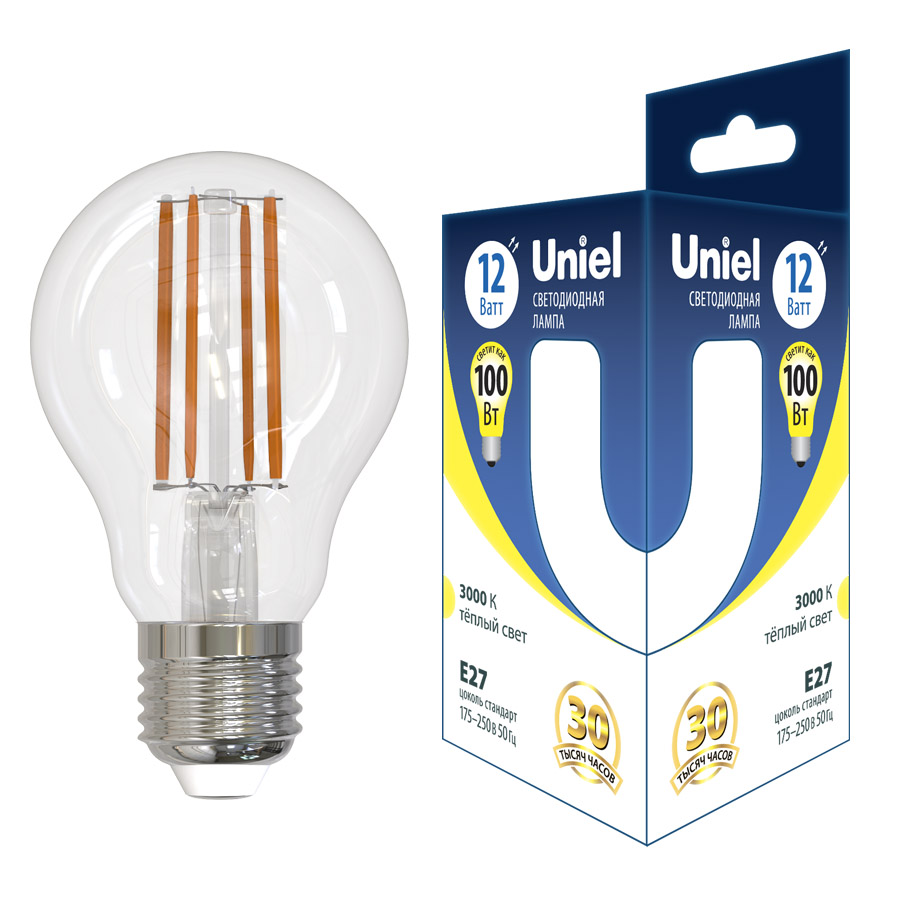 Лампа светодиодная филаментная Uniel E27 12W 3000K груша прозрачная LED-A60-12W/3000K/E27/CL GLA03TR UL-00006845
