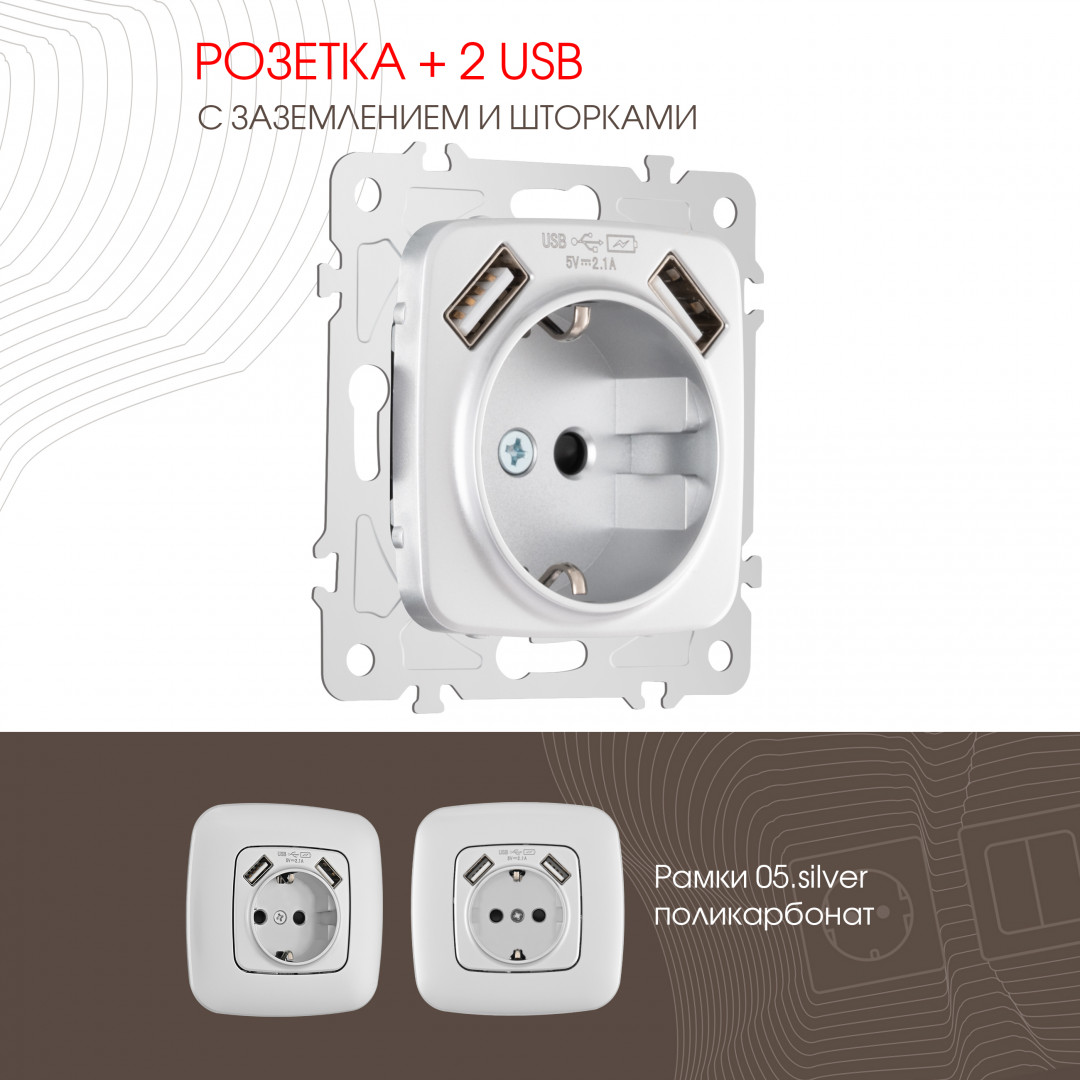 Розетка с заземлением, шторками + 2 USB Arte Milano 205.47-1.silver