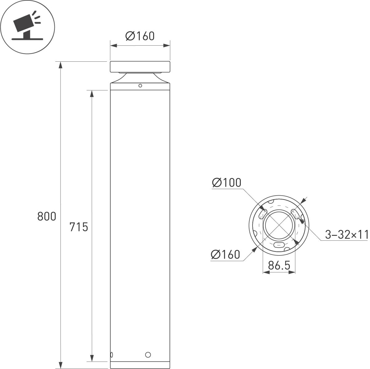 Ландшафтный светильник Arlight LGD-OTIS-20W-H800 Warm3500-MIX (Серый, 315 deg, 230V) (IP65 Металл) 064198