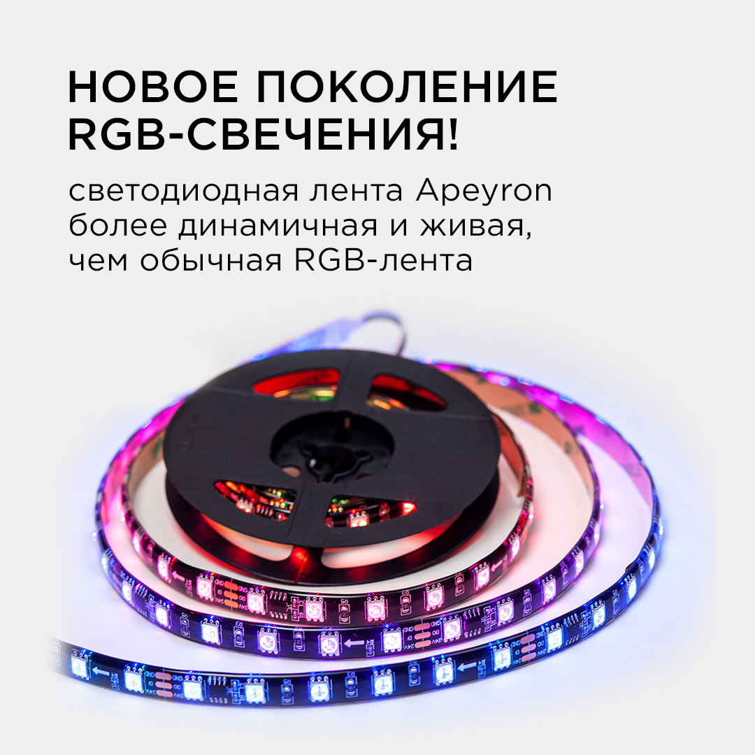 Комплект адресной светодиодной ленты Apeyron 24В 14,4Вт/м smd5050 60д/м IP65 2м RGB (адаптер питания, контроллер) 10-97