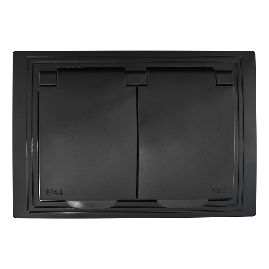 Розетка 2П+З двойная с защ. шт. и крышкой скрытой установки 16А 250В IP44, черная (керамика) 