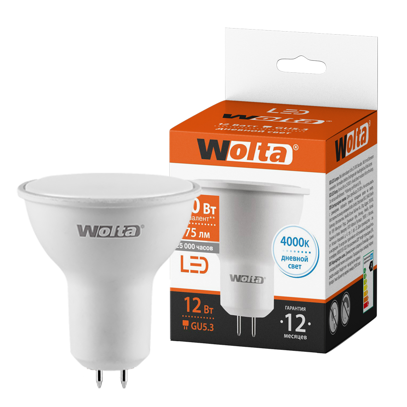 Светодиодная лампа WOLTA 12Вт 4000K GU5.3 матовая 25SPAR16-230-12GU5.3