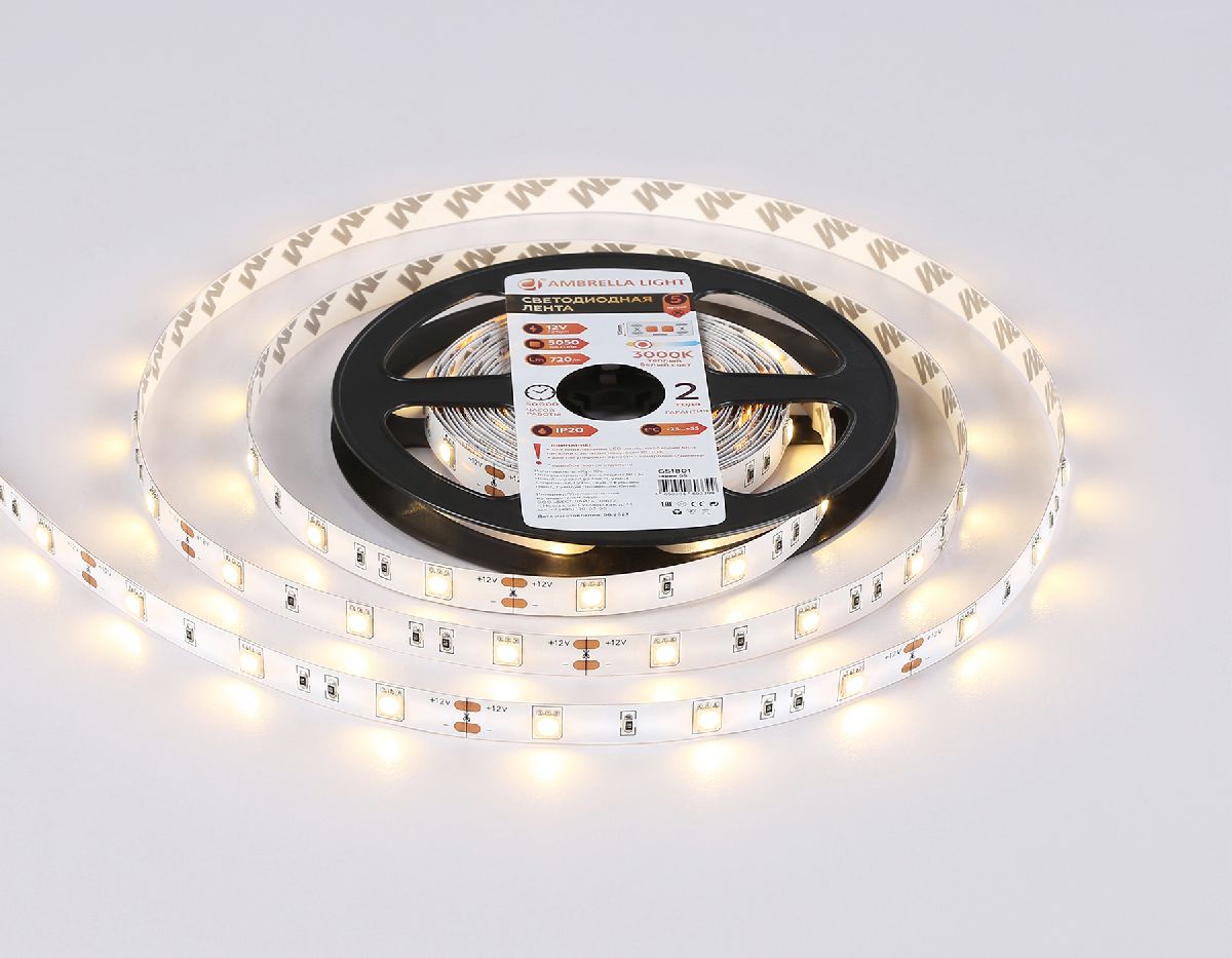 Светодиодная лента Ambrella Light LED Strip 12В 5050 7,2Вт/м 3000K 5м IP20 GS1801