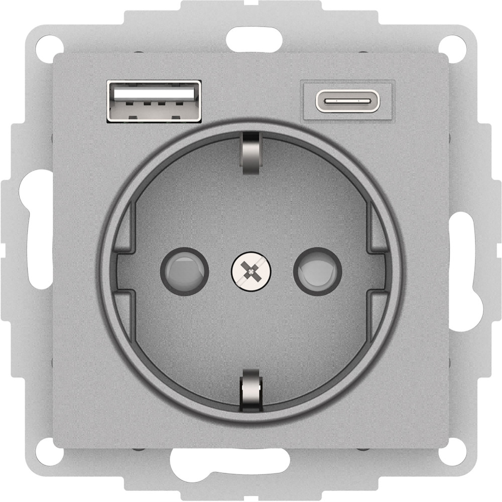 Розетка 16А с USB A+C (5В/2,4А/3 А, 2х5В/1,5А), Systeme Electric AtlasDesign Алюминий ATN000332