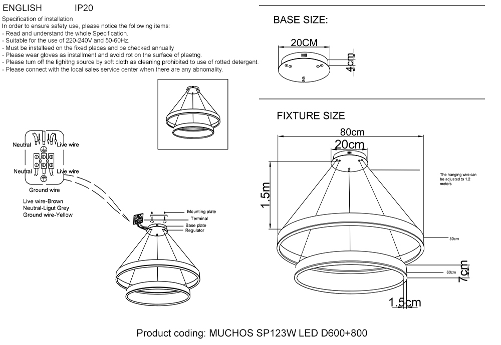 Подвесной светодиодный светильник Crystal Lux MUCHOS SP123W LED D600+800 GOLD