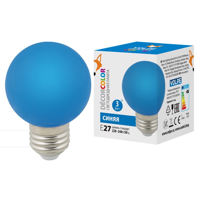 Лампа светодиодная Volpe E27 3W синий шар LED-G60-3W/Blue/E27/FR/С UL-00006957