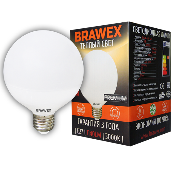 Лампа светодиодная Brawex шар большой матовый E27 12Вт 3000K 2207A-G95-12L