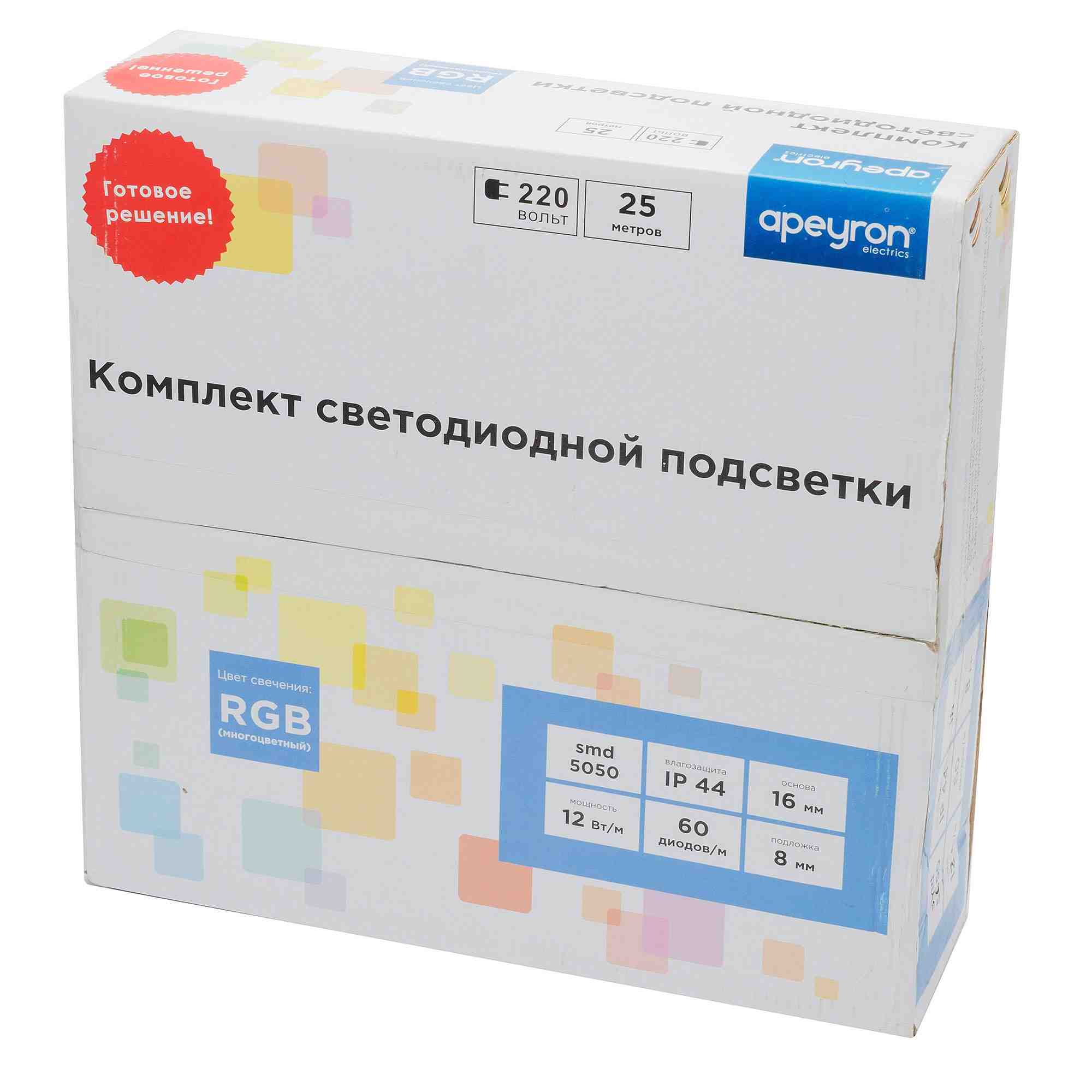 Светодиодная лента Apeyron 220В 12Вт/м smd5050 60д/м IP65 25м с аксессуарами RGB 10-50 в Москве