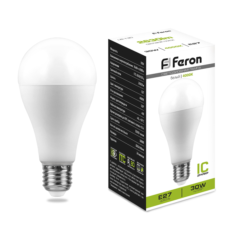 Лампа светодиодная Feron E27 30W 4000K груша матовая LB-130 38195