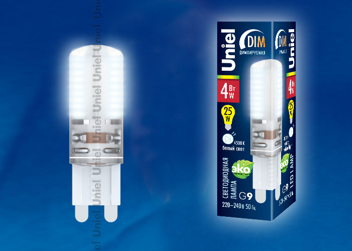 Лампа светодиодная диммируемая (10709) Uniel G9 4W 4500K белая LED-JCD-4W/NW/G9/CL/DIM SIZ03TR