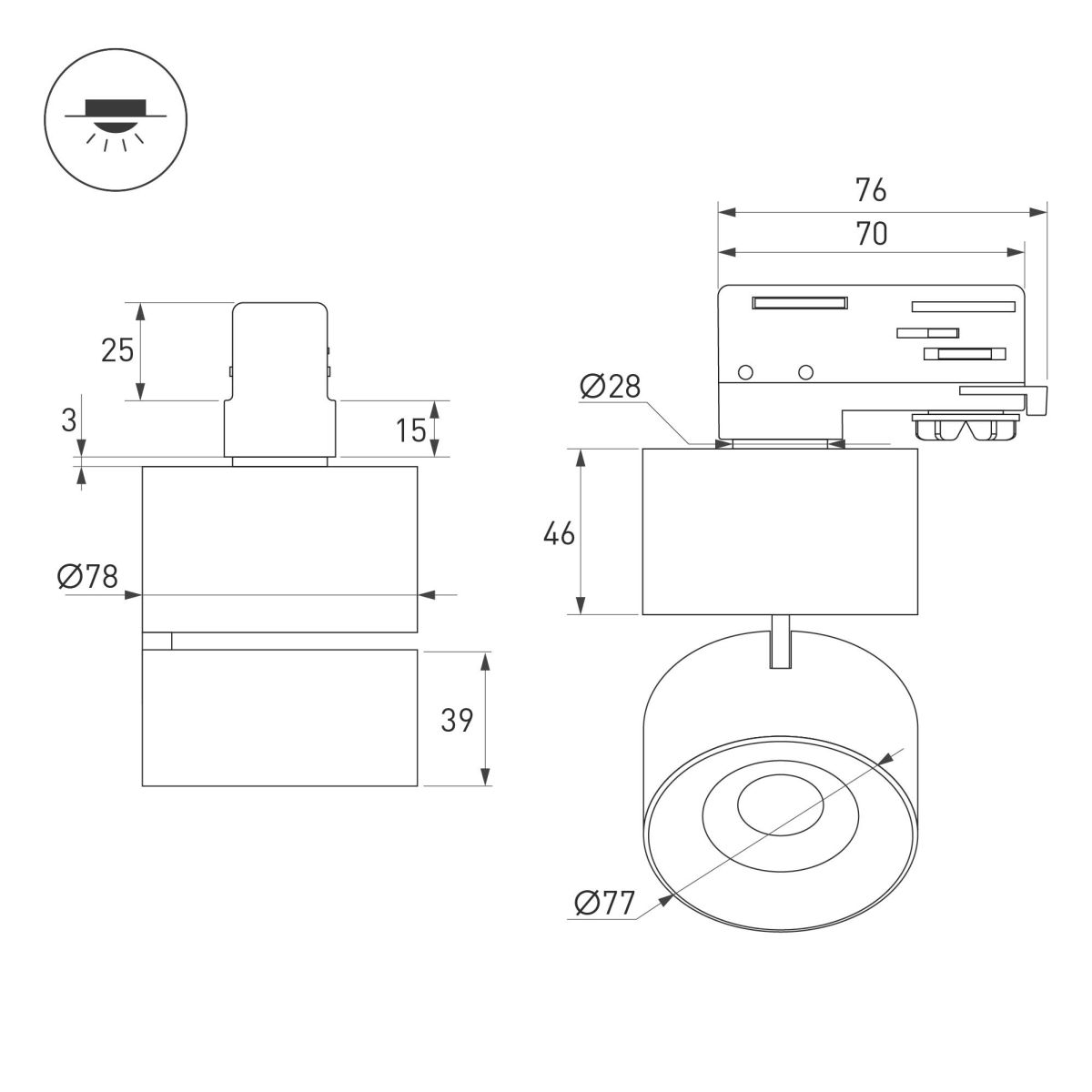 Трековый трехфазный светильник Arlight SP-PLURIO-TRACK-4TR-R77-9W Day4000 (WH-BRS, 36 deg, 230V) (IP20 Металл) 038100
