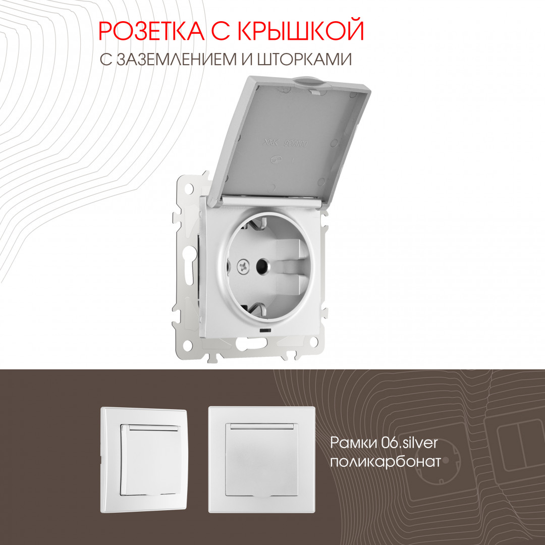 Розетка с заземлением, шторками и защитной крышкой Arte Milano 206.41-1.silver
