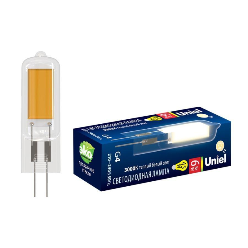 Лампа светодиодная Uniel (UL-00005065) G4 6W 3000K колба прозрачная LED-JC-220/6W/3000K/G4/CL GLZ08TR