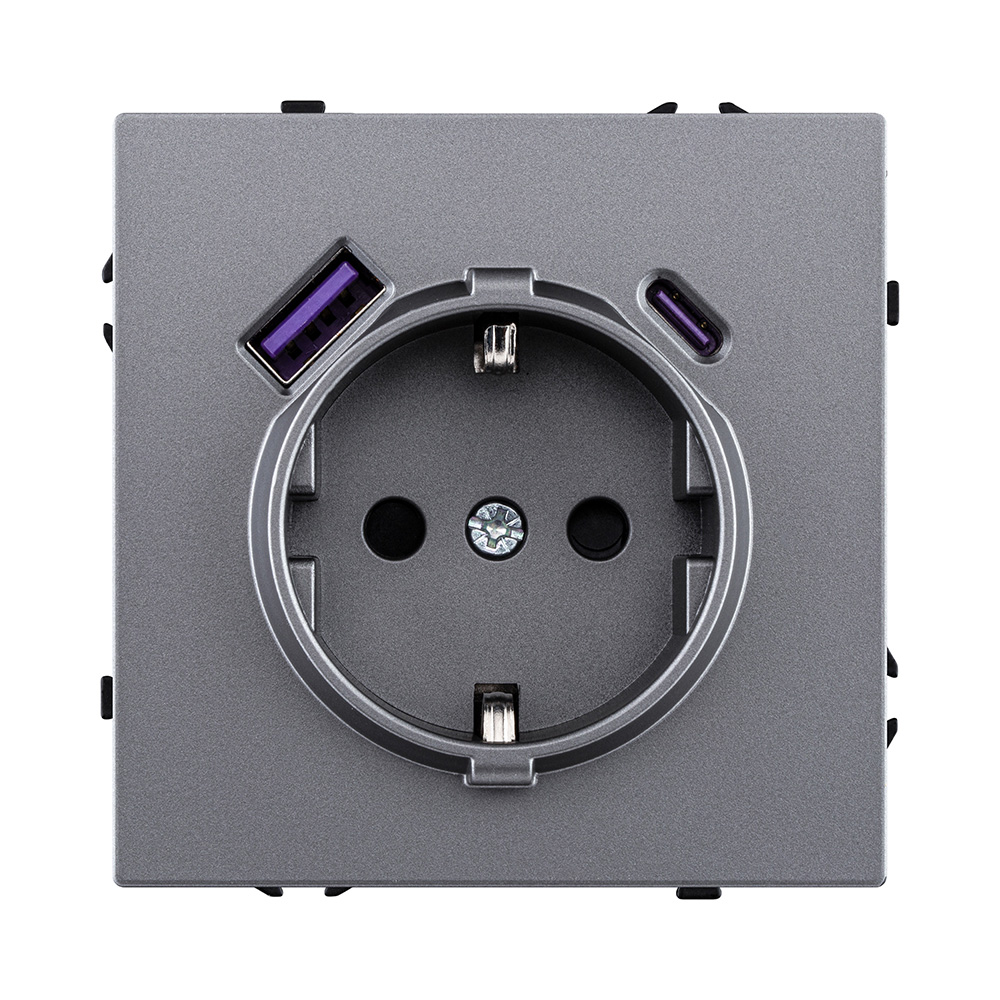 Розетка штепсельная SCHUKO 16A/250 В с USB A+C 20W, серый Kollinger Eclipse EC-016GY