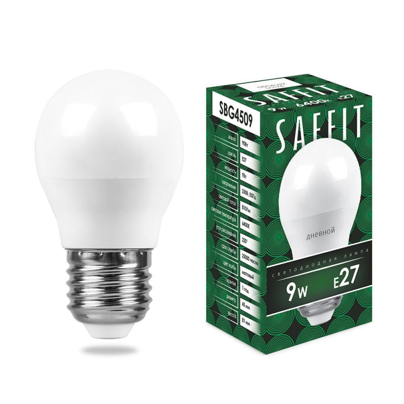 Лампа светодиодная Saffit SBG4509 шар E27 9W 6400K 55126