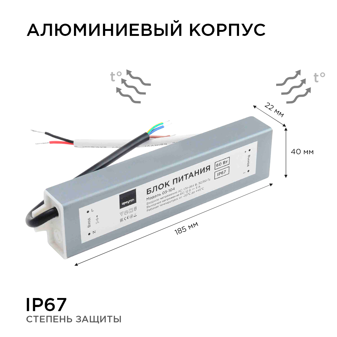 03-102 Блок питания 12В, (СТ), 25Вт, импульсный, IP67, 170-264В, 2,08А, алюм., сереб., 140*30*20мм.