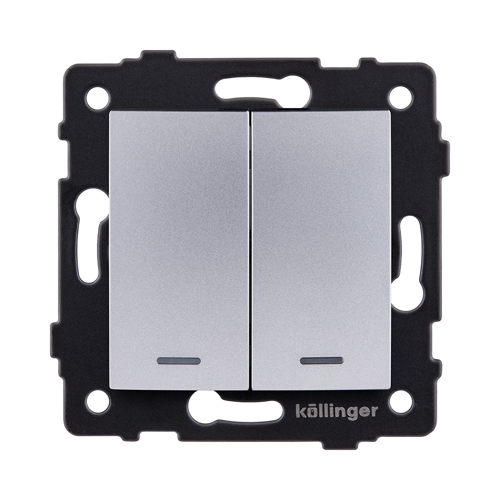 Выключатель кнопочный 2-клавишный 10А/250В с LED подсветкой, изогнутый, серый Kollinger REA-R-014GY для Aspekt, Eleganz, Reflex
