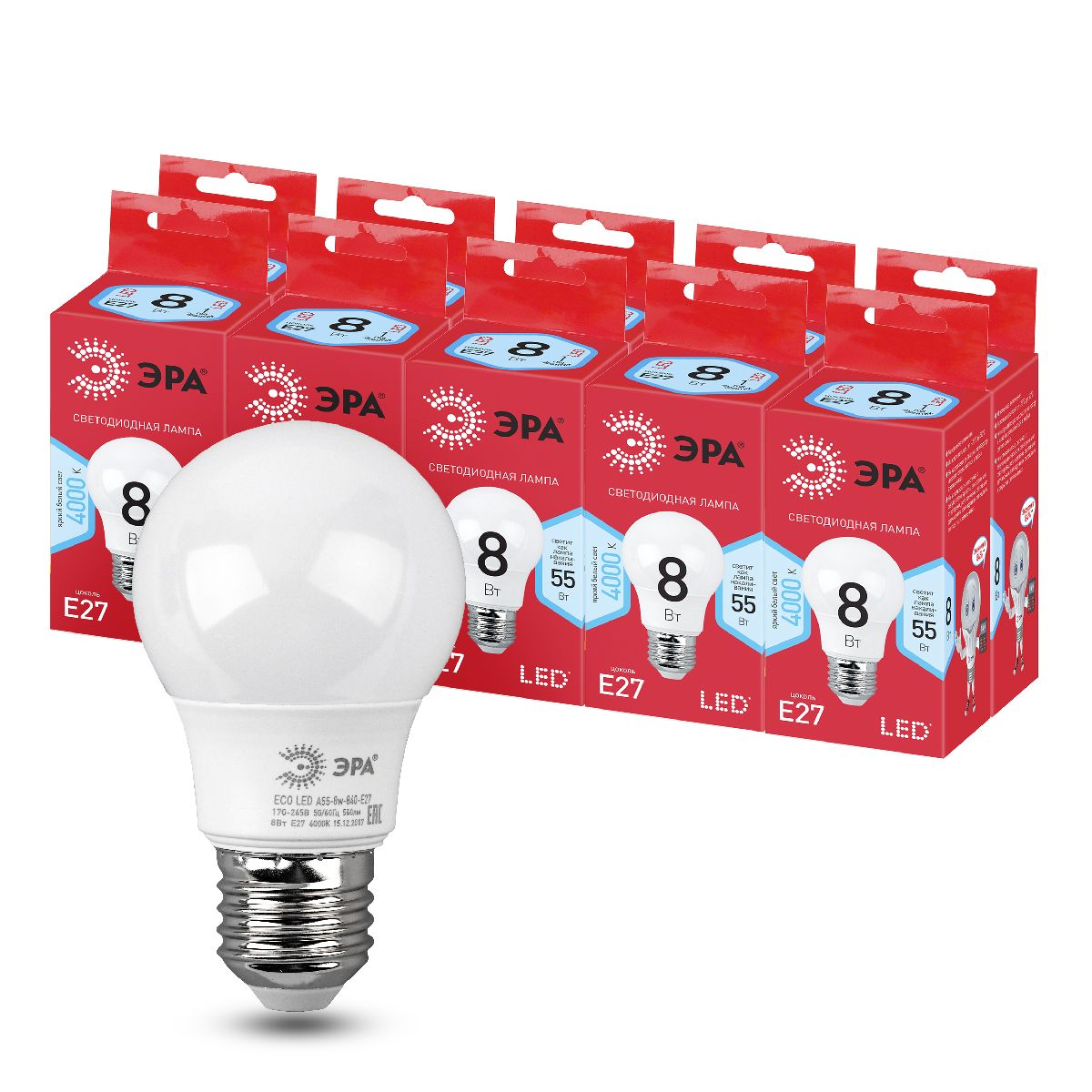 Лампа светодиодная Эра E27 8W 4000K LED A55-8W-840-E27 R Б0052382 УЦ