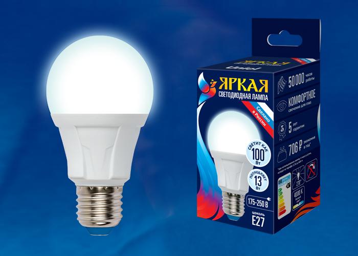 Лампа светодиодная (UL-00005030) Uniel E27 13W 3000K матовая LED-A60 13W/3000K/E27/FR PLP01WH