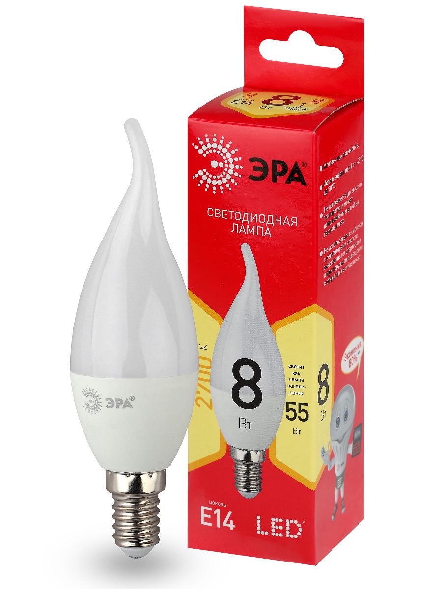 Лампа светодиодная Эра E14 8W 2700K LED BXS-8W-827-E14 R Б0051853