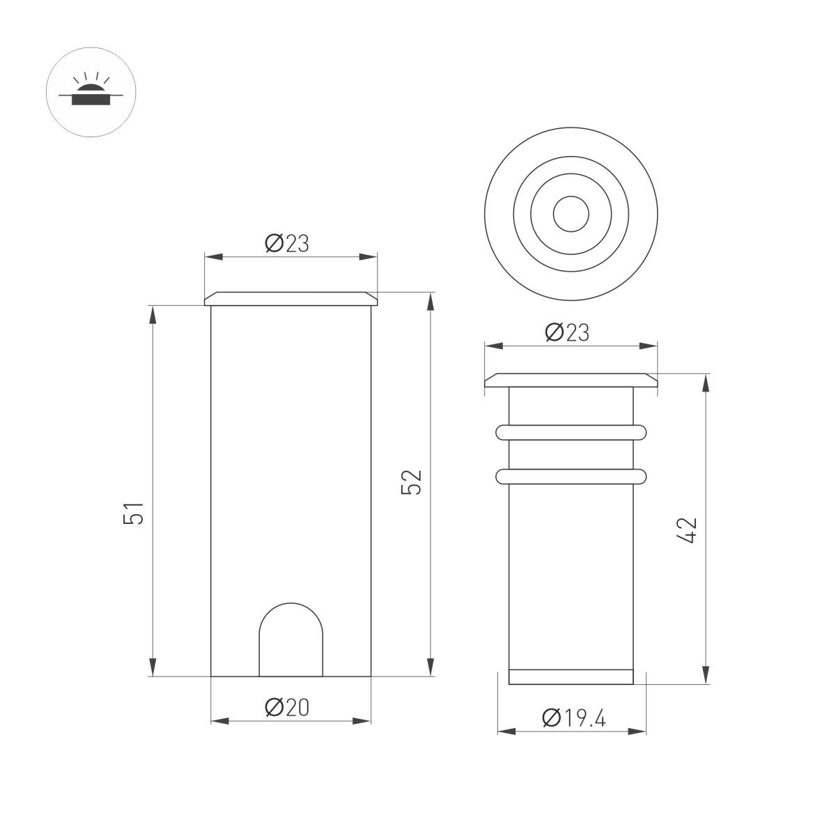 Ландшафтный светильник Arlight ART-PELURU-GROUND-R23-1W Warm3000 (GR, 100 deg, 24V) (IP67 Металл) 057831