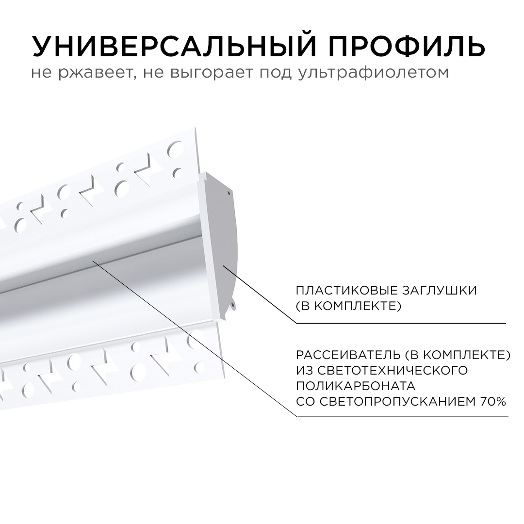 Профиль под штукатурку Apeyron ширина ленты до 14мм (рассеиватель, заглушки - 2шт) 08-44