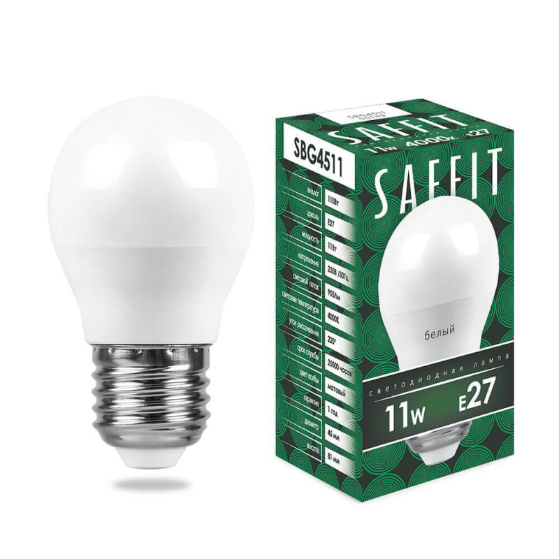 Лампа светодиодная Saffit SBG4511 шар E27 11W 4000K 55139