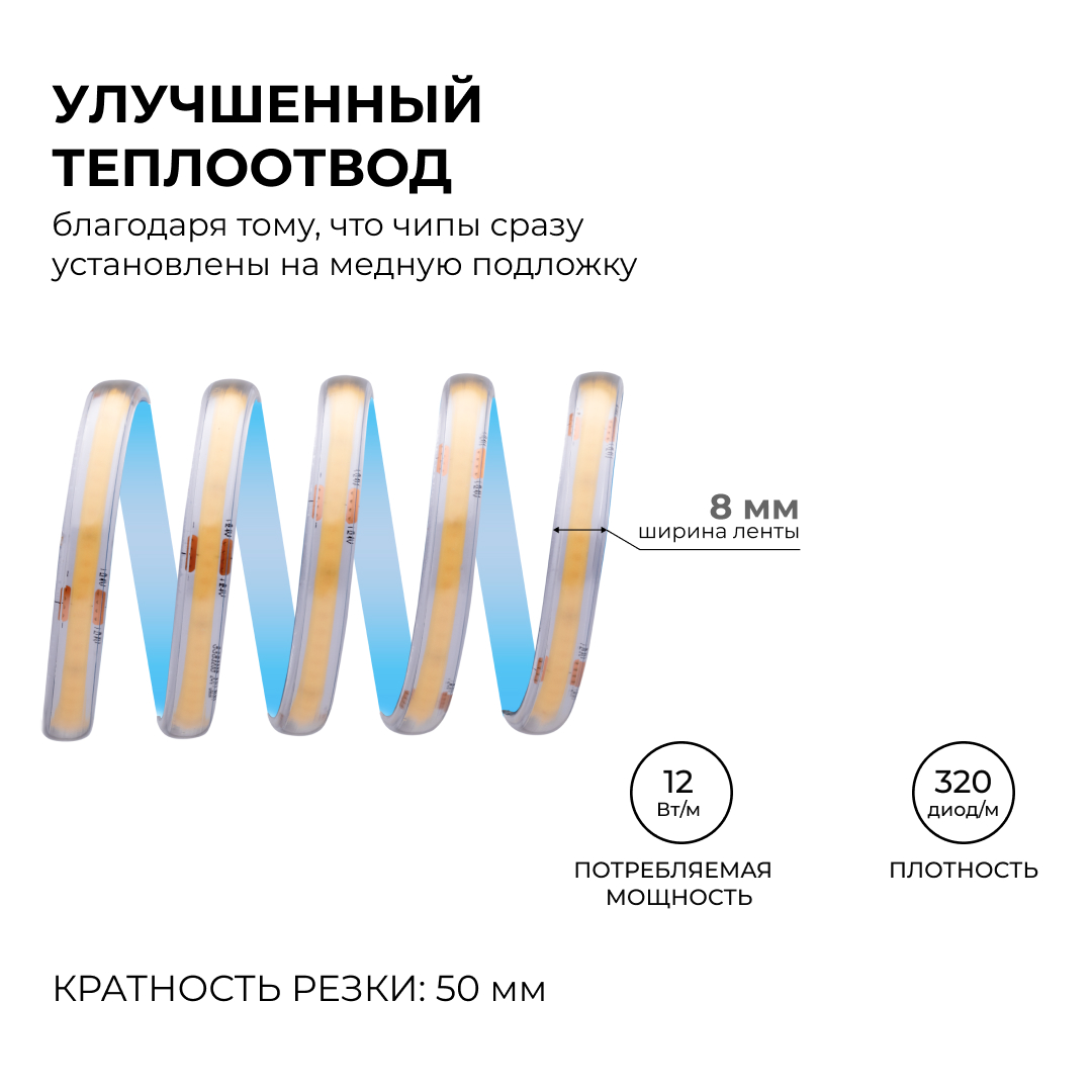 Светодиодная лента Apeyron 24В COB 12Вт/м 6500К 5м IP65 00-392