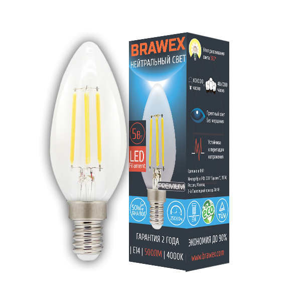 Лампа светодиодная Brawex филамент свеча прозрачная E14 5Вт 4000K 0707G-B35F-5N