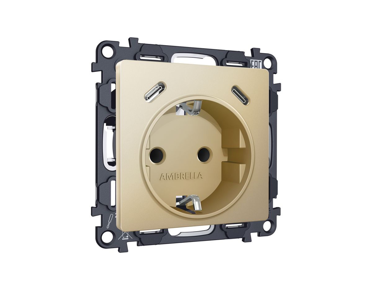 Комплект механизма электрической розетки 2USB С+C 20W Ambrella Volt MA610510 (быстрая зарядка) с/з на винтовых зажимах 16A-250V Alfa Шампань Quant