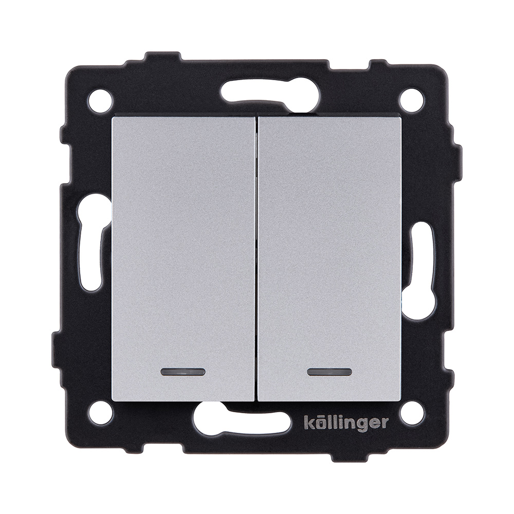 Выключатель кнопочный 2-клавишный 10А/250В с LED подсветкой, серый Kollinger REA-S-014GY для Aspekt, Eleganz, Reflex