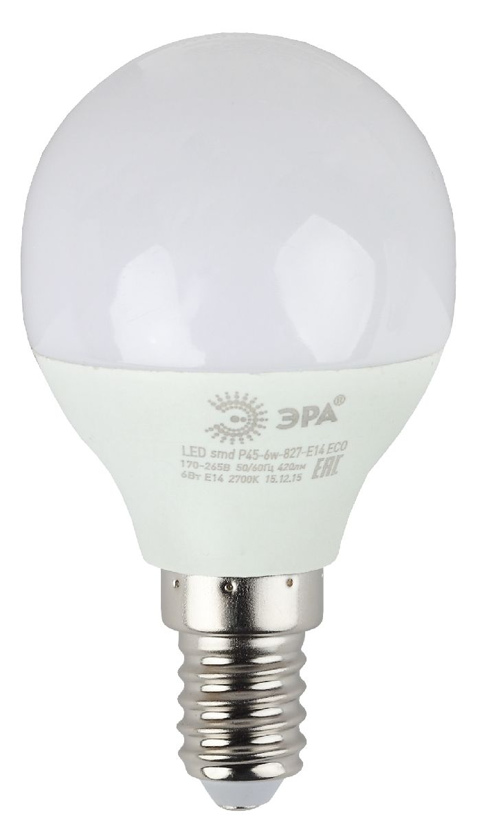 Лампа светодиодная Эра E14 6W 2700K ECO LED P45-6W-827-E14 Б0020626
