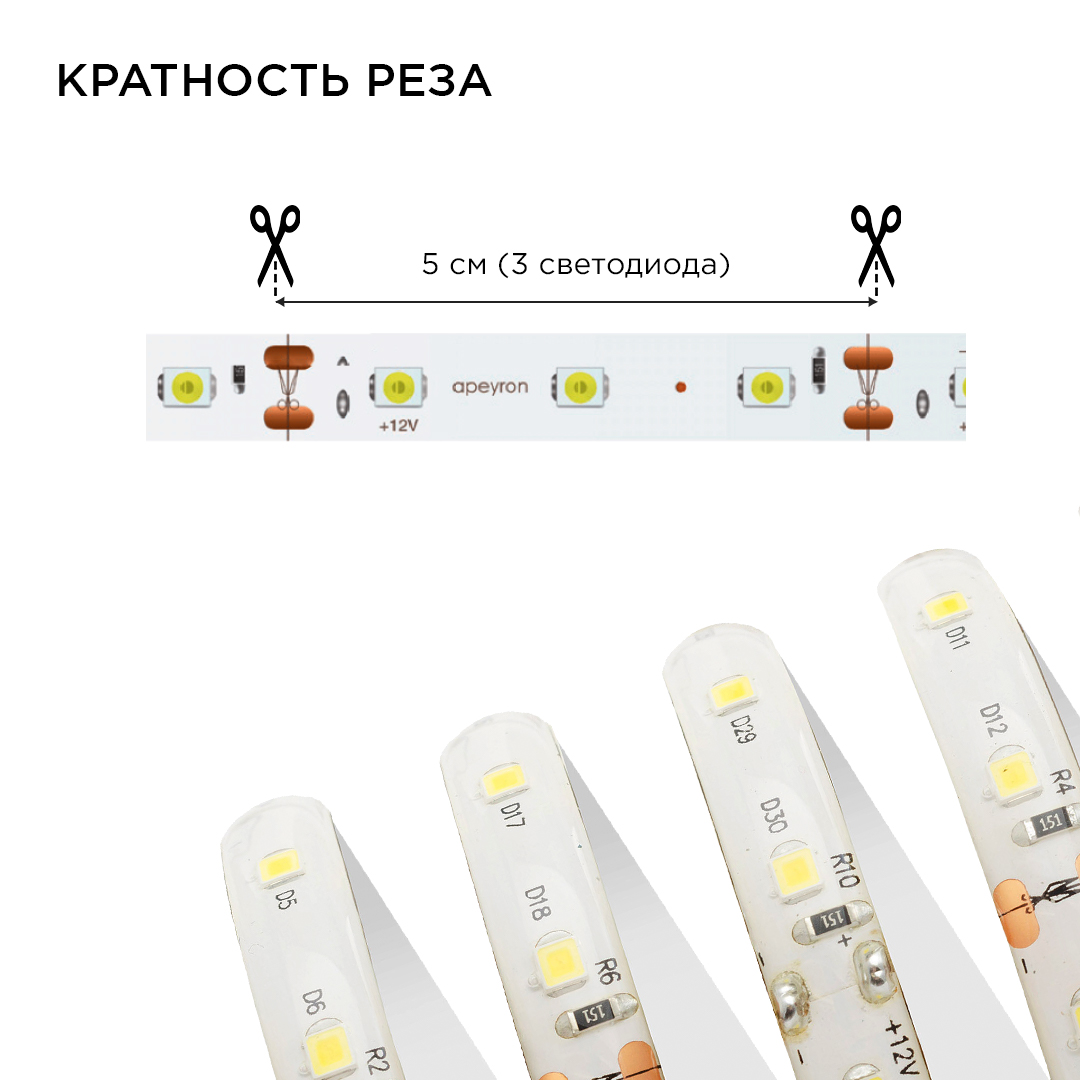 Комплект светодиодной ленты Apeyron 12В 4.8Вт/м smd 3528 60 д/м IP65 5м 3000K (блок, коннектор) 10-27