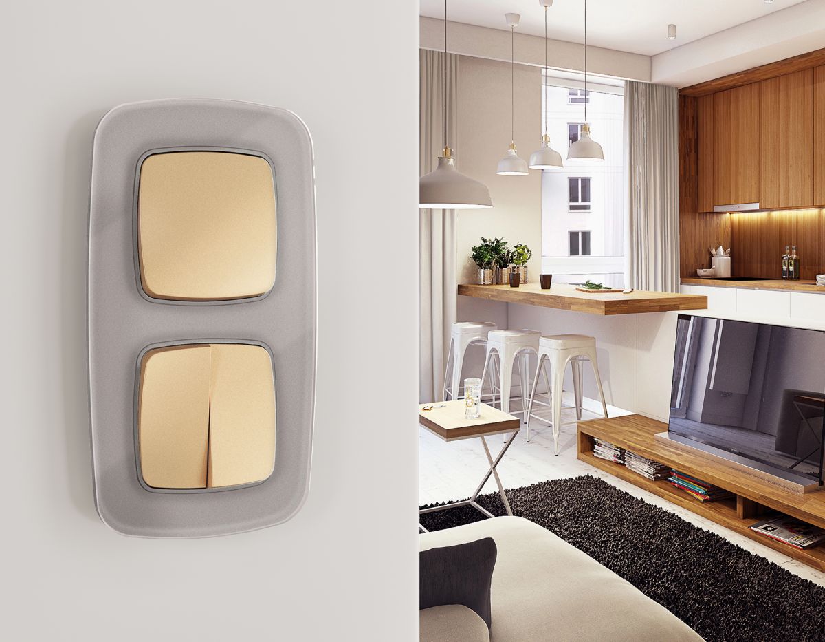 Комплект механизма 2-клавишного перекрестного выключателя Ambrella Volt 10A-250V OMEGA MO603030 Шампань QUANT (OP6030, VM125)