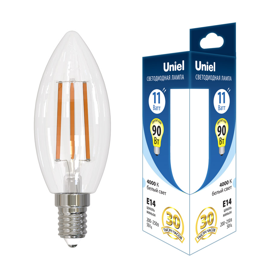 Лампа светодиодная филаментная Uniel E14 11W 4000K свеча прозрачная LED-C35-11W/4000K/E14/CL GLA03TR UL-00006848