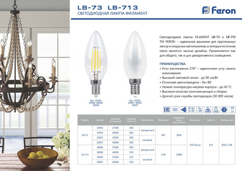 Лампа светодиодная Feron E14 9W 4000K Свеча Матовая LB-73 25957 УЦ