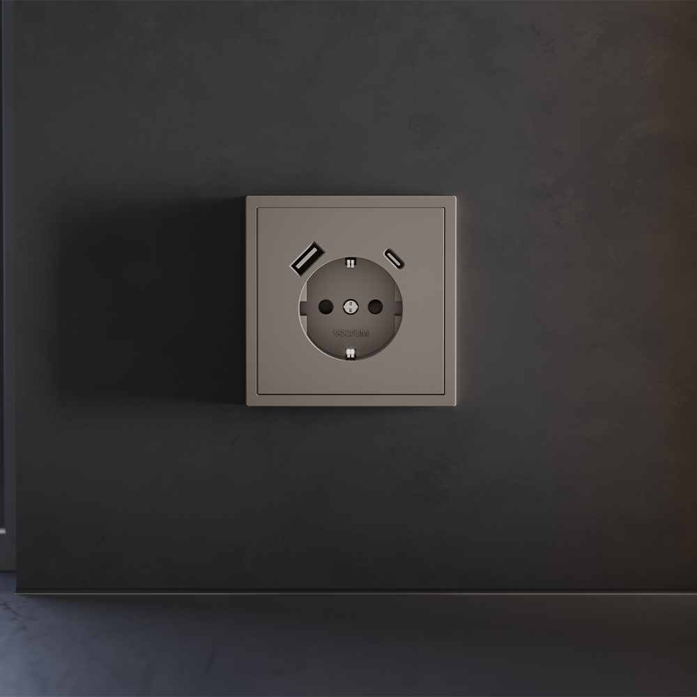 Накладка для розетки с заземлением и защитными шторками, с USB A+C Voltum S70 (капучино) VLS001014