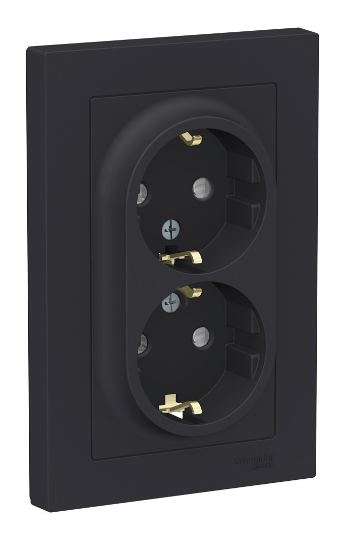 Розетка с/з двойная, со шторками, 16А, в сборе Systeme Electric AtlasDesign Карбон ATN001026