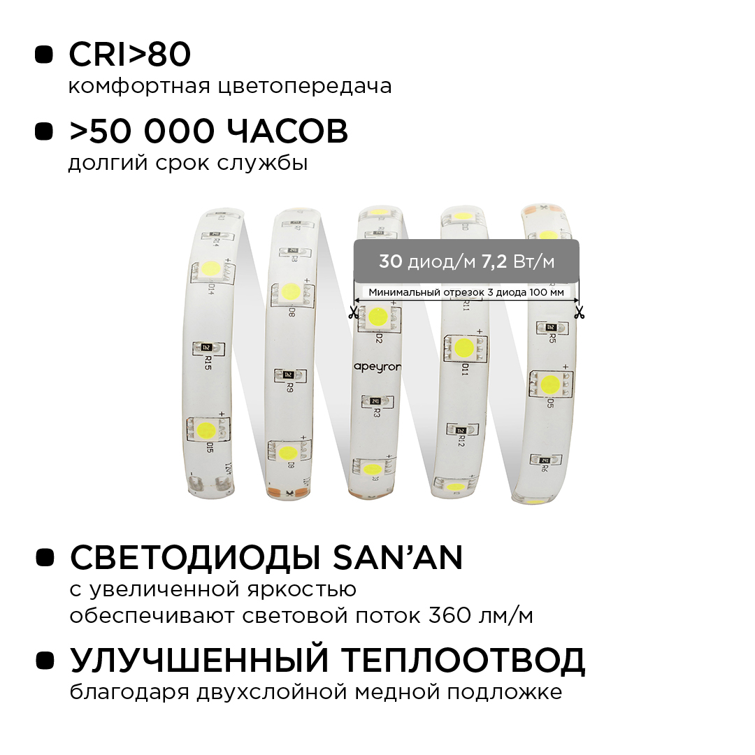 Комплект светодиодной ленты Apeyron 12В 7.2Вт/м smd 5050 30 д/м IP65 5м 6400K (блок, коннектор) 10-01